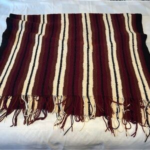 Vintage Crochet Brown Cream Stripe Handmade Blanket Throw Afghan with fringe